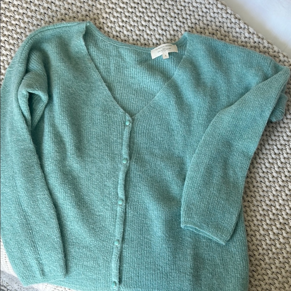 Sezane Green Cardigan Sweater in Soft Knit